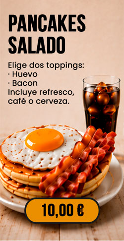 Combo pancakes salado con huevo y bacon y bebida, 10 euros